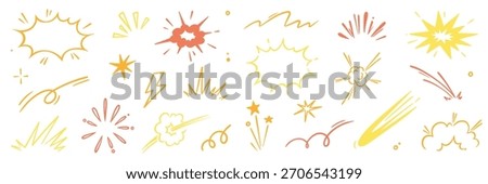 Explosive surprise comic line golden effect set. Hand drawn doodle cartoon speed effect, gold explosive burst action elements. Comic cartoon surprise line luxury shapes. Vector illustration.
