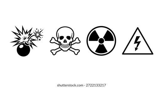 Conjunto de iconos de peligro de alto voltaje, radiación, tóxicos y explosivos - señalización de seguridad de símbolos de advertencia de peligro - Vector