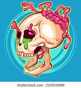 Explosive vector of a side view skull with brains and green liquid. Graffiti street art and hip hop culture artwork of a skeleton character.