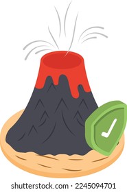 Concepto isométrico del seguro de erupción volcánica explosiva, ilustración del flujo de lava, diseño del icono del vector del cambio climático, símbolo de protección contra pérdidas financieras, signo de gestión de riesgos,