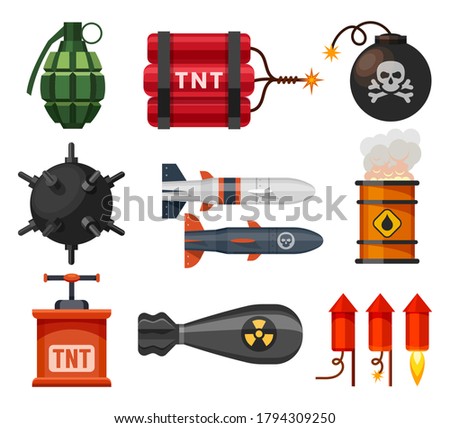 Explosives, bomb, fuse ball, dynamite and grenades