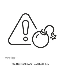 explosives hazard warning, risk of explosion icon, bomb, exclamation mark, thin line web symbol on white background - editable stroke vector illustration eps10