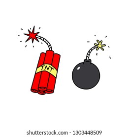 Explosives icons. Vector. Weapons of terrorists. Cartoon style. Bomb and dynamite.