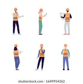 Explosives workers and engineers, experts of quarry mining in protective helmets and clothing characters set, flat vector illustration isolated on white background.