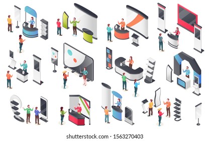 Expo center, product display stands, visitors and consultants people, vector isometric icons. Exhibition and promo exposition company demo stands and showcase booth racks or information desks