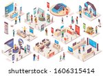 Expo center and trade show exhibition product display stands, vector isometric icons. Promo trade exposition demo stands and showcase booth racks or information desks, visitors and consultants people