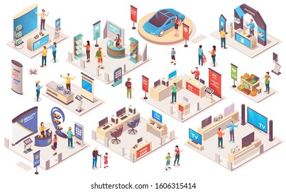 Expo center and trade show exhibition product display stands, vector isometric icons. Promo trade exposition demo stands and showcase booth racks or information desks, visitors and consultants people