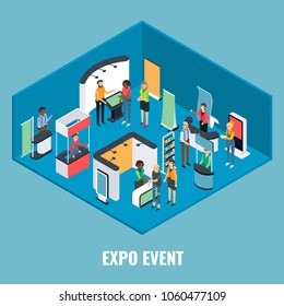 Expo Event Concept Vector Flat 3d Illustration. Isometric Exhibition Equipment, Young Man And Woman Promoters And Visitors.