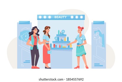 Expo exhibition stand, beauty products, people shoppers and promoter. Vector flat cartoon cosmetic products on stand, perfumes and lipstick, makeup goods. Woman buyers clients and seller, shopping