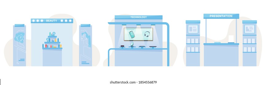 Exposiciones de belleza, tecnología y salas de presentación de libros. Contadores interiores vectores con cosméticos, paneles de demostración con smartphones, dispositivos modernos, dispositivos móviles