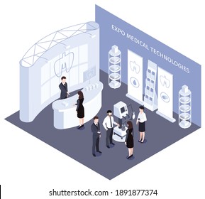 Expo medical technologies isometric composition with staff demonstrating work of hi tech robotic equipment vector illustration