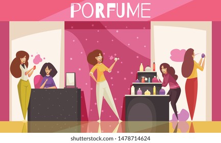 Expo show stand background with perfume promotion symbols flat vector illustration