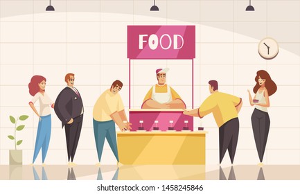 Expo stand background with food promotion symbols flat vector illustration