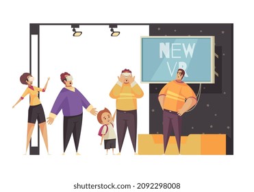 Expo stand composition with doodle human characters and view of exhibition booth vector illustration