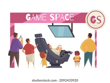 Expo stand composition with doodle human characters and view of exhibition booth vector illustration