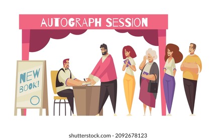 Expo stand composition with doodle human characters and view of exhibition booth vector illustration