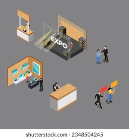Expo stand exhibition isometric 3d vector concept for banner, website, illustration, landing page, etc