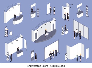 Expo stand isometric colored set on lilac background with consultants visitors staff working for exhibition isolated vector illustration