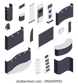 Soporte de exposición monocromo conjunto isométrico de diferentes mostradores en blanco mostrador mostrador mostrador de muestras aisladas Ilustración vectorial 3d