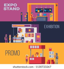 Expo Stand Trade Show Exhibition Set Of Isolated Exhibit Racks Stands Booth Elements And People Pixel Art Vector Illustrations. 