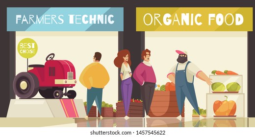 Expo trade stand background with farmers technic and organic food symbols flat vector illustration