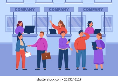 Expo workers and visitors on exhibition in business center. Team of businessmen visiting presentation show of products or fair flat vector illustration. Business marketing, tradeshow event concept