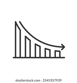 Gráfico de curva de decaimento exponencial, ícone no projeto da linha. Exponencial, decaimento, curva, gráfico, diminuição, declínio, redução no vetor de fundo branco. Ícone de traçado editável do Gráfico de Curva de Decaimento Exponencial