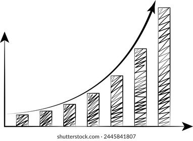 Exponential growing curve above a bar chart shaded with hand drawing strokes in black and white. 3D illustration as design element for the topics of business, sale performance, profit and revenue