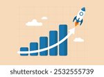Exponential growth in business profits, investment returns, or financial success: wealth rising, sales increase, and revenue boosting with rocket-fueled graph showing compound interest and success.