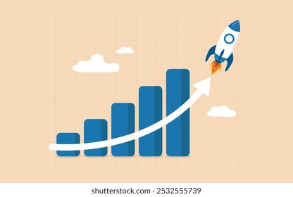 Crescimento exponencial nos lucros de negócios, retorno de investimentos, ou sucesso financeiro: aumento da riqueza, aumento de vendas, e aumento de receita com gráfico alimentado por foguetes mostrando juros compostos e sucesso.