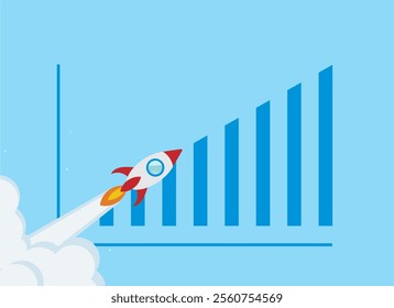 Exponential growth in business profits, investment returns, or financial success: wealth rising, sales increase, and revenue boosting with rocket-fueled graph showing compound interest and success