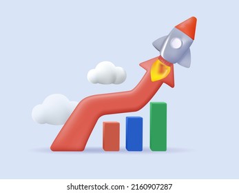 Exponential growth or compound interest 3D. Business sales, investment, wealth or earning rising up graph profit increase concept, financial report graph with exponential arrow from flying rocket 3D