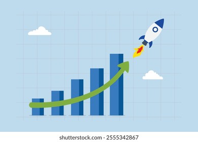 Exponential growth or compound interest, financial chart illustration with upward arrow resembling soaring rocket. 