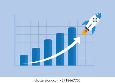 Crecimiento exponencial o interés compuesto, gráfico de informe financiero con flecha exponencial de cohete volador, inversión, riqueza o ganancia en aumento gráfico, ventas de negocios o concepto de aumento de ganancias.
