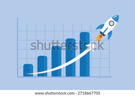 Exponential growth or compound interest, financial report graph with exponential arrow from flying rocket, investment, wealth or earning rising up graph, business sales or profit increase concept.