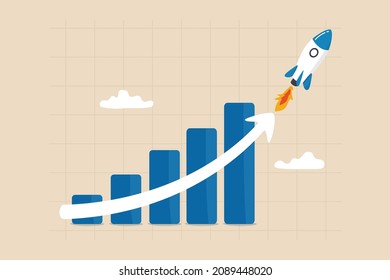 Exponential growth or compound interest, investment, wealth or earning rising up graph, business sales or profit increase concept, financial report graph with exponential arrow from flying rocket.