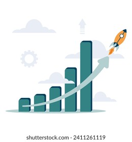 Exponential growth or compound interest, investment, wealth or earning rising up graph, business sales or profit increase concept, financial report graph with exponential arrow from flying rocket