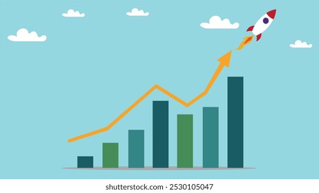 Exponential growth or compound interest, investment, wealth or earning rising up graph, business sales or profit increase concept, financial report graph with exponential arrow from flying rocket.