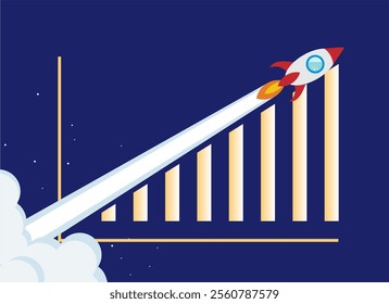 Exponential growth or compound interest, investment, wealth or earning rising up graph, business sales or profit increase concept, financial report graph with exponential arrow from flying rocket.