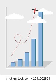 Exponential Growth Concept. Bar chart growing exponentially to the clouds, along with an airplane soaring into the sky.