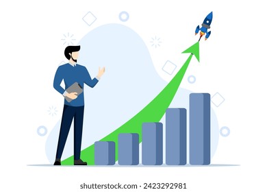 Exponential growth concept. Business sale, investment, wealth or income increase profit increase concept graph, financial report chart with exponential arrow flying rocket.