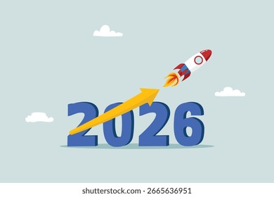 Exponential growth, the concept of increasing sales in 2026 or business profits, numbers or the year 2026 with exponential arrows from flying rockets.