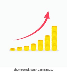 Exponential growth graph with increasing stacks of dollar coins and arrow. Top down view flat vector illustration. Concept of profitable investment, financial growth and business success 
