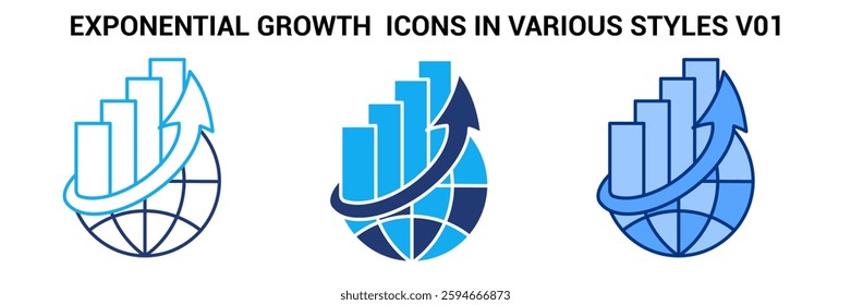 Exponential Growth icon represented by world, expantion graph Blue, Dualline, Dualtone style.