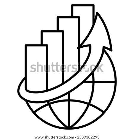 Exponential Growth icon represented by world, expantion graph Line style.