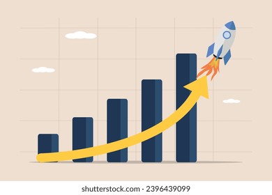 Exponential growth, investment, wealth or income increase graph, financial report graph with exponential arrow of a flying rocket.