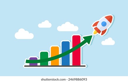 Crecimiento exponencial: la inversión genera riqueza, ventas y ganancias crecientes, el concepto de informe financiero grafica se dispara flecha exponencial