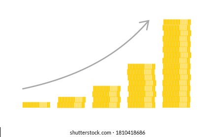 Exponential income growth concept, increased profitability. Stacks of coins with arrow showing growth index.