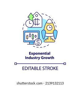 Icono de concepto de crecimiento exponencial de la industria. Cryptocurrency pros idea abstracta ilustración de línea delgada. Negocios de rápido crecimiento. Dibujo de contorno aislado. Trazo editable. Fuentes Arial, Myriad Pro-Bold utilizadas