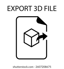 Export 3D file icon featuring a document, cube symbol, and outward arrow, representing 3D model export for CAD, rendering, and design software. Ideal for UI, UX, and digital workflows.